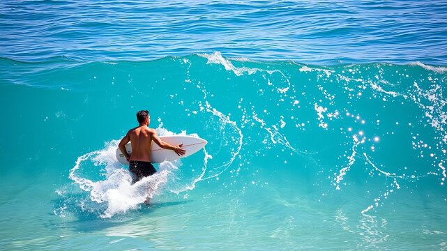 A shirtless surfer walks into the ocean holding a surfboard as a turquoise wave breaks, creating a splash of water in this dynamic coastal scene and watersport. - Powered by Adobe