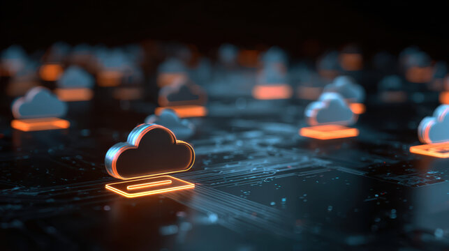 Glowing cloud icons on digital circuit board symbolize secure cloud database system