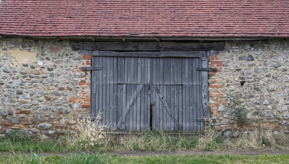 Derelict stone barn featuring rugged walls and aged wooden doors, traditional red tile roofing, weather-beaten farmhouse design, rustic appeal, traces of the past