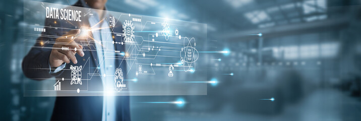 Data science technology with a virtual screen on a network connection, data science analytics...