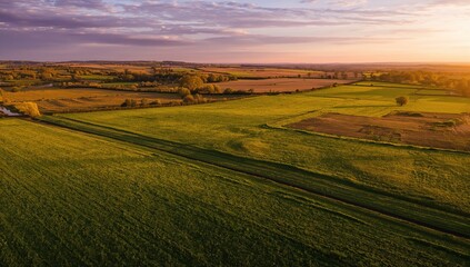 Fototapeta premium Bird's-eye perspective of vast verdant fields and farmland with bright green meadows. Picturesque countryside during dusk.