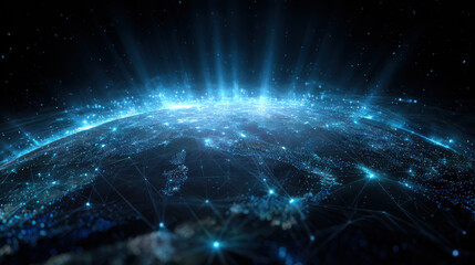Futuristic holographic earth global data network digital technology blue glow. Futuristic holographic earth with global data network