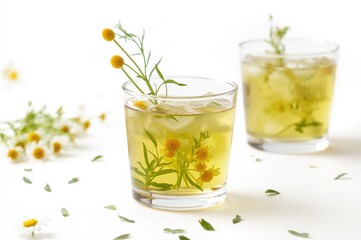 Fototapeta premium Small glasses filled with chamomile herbal tea as refreshing welcome beverages against a soft-focused backdrop