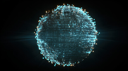 Glowing sphere binary code digital globe data network neon blue particle dark background futuristic cyber technology pulses with energy and wonder