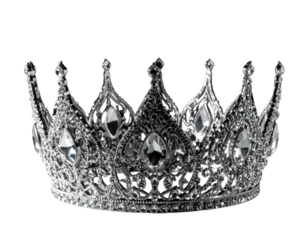 A glittering silver crown with intricate filigree and sparkling crystal embellishments on a dark background