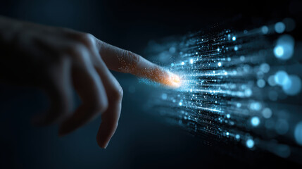 Futuristic touch interface digital data stream glowing particles technology hand cyber light innovation network abstract