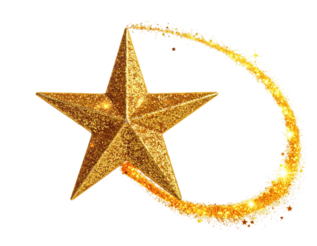 A golden, five-pointed star with a glittering trail on a black background