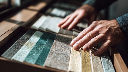 Hands of a middle-aged man with light skin sorting through various samples of textured materials in a wooden drawer.