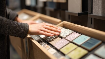 A close-up of a hand touching various colorful tiles in a display. The tiles feature different patterns and textures, showcasing a range of design options.