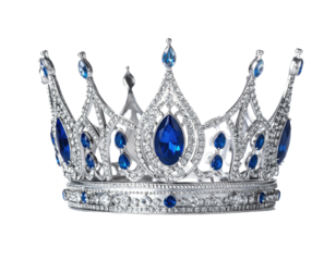 A gleaming, silver crown, adorned with deep blue gemstones, sparkles against a dark backdrop