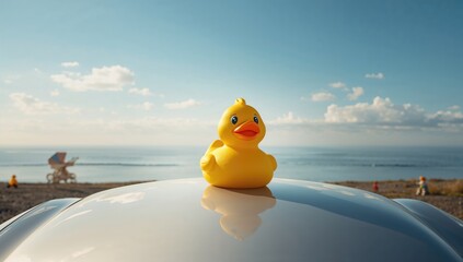 A bright yellow rubber duck perched atop a vehicle