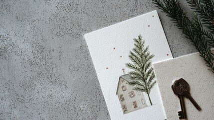 A flat lay of Christmas-themed items. A greeting card with a house illustration and a pine branch are placed on a gray surface next to a vintage key. copy space