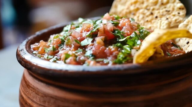 Fresh salsa in wooden bowl with tortilla chips close up