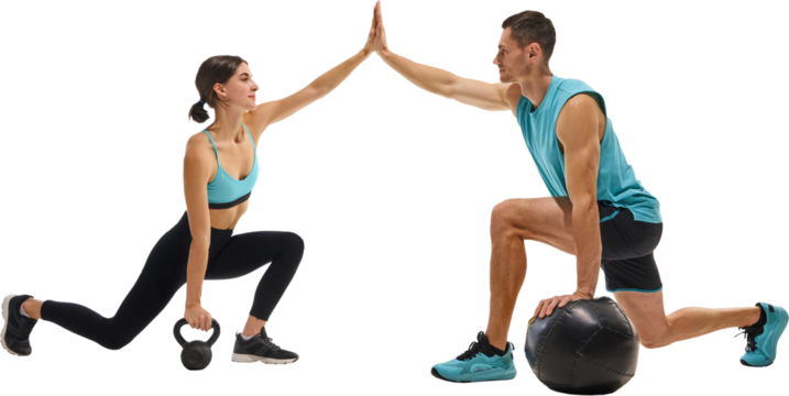 Man and woman doing partner fitness lunge high five on white background. Concept of teamwork, motivation, healthy lifestyle and emotional encouragement during couple training. Transparent background
