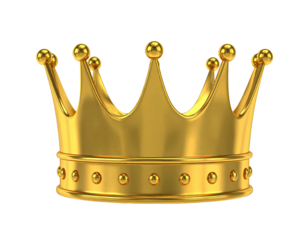 Rendered gold crown with rounded top spikes and circular band, isolated on black background