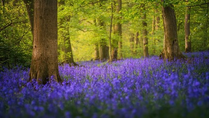 Naklejka premium Bluebell forest in a rural area