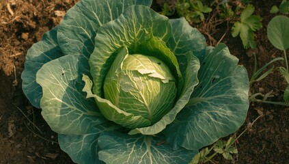 Obraz premium Detailed view of a cabbage plant in a garden displaying leaf damage from pests