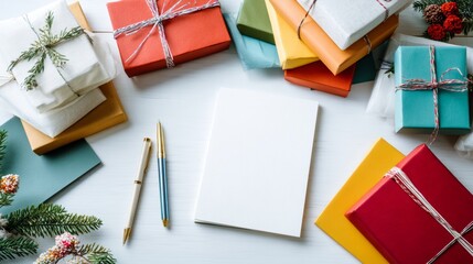 Colorful wrapped gifts surround a blank notepad and pens on a white surface. The scene conveys a festive atmosphere for Christmas sales and holiday preparations.