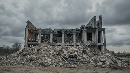 Fototapeta premium Heap of building rubble and massive concrete fragments with a backdrop of a ruined structure under an overcast sky.