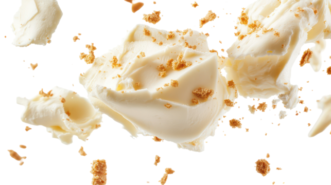 Mascarpone Cheese Slices with Crumbs Mid-Air on White Background on Transparent Background