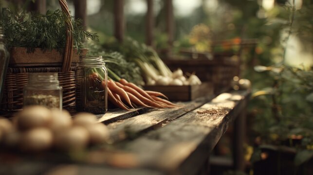 A rustic display of fresh vegetables and eggs on wooden tables, showcasing a variety of organic produce in a natural, serene setting. - Powered by Adobe