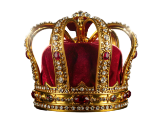 Ornate gold crown, red velvet interior, encrusted with jewels, isolated on black
