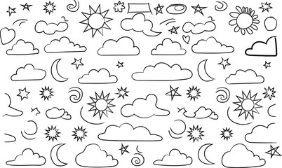 Hand drawn seamless pattern with sun moon clouds stars vector art