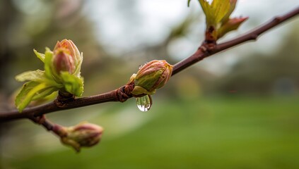 A water droplet resting on new leaves following a gentle rain, captured with a shallow depth of field in a macro shot