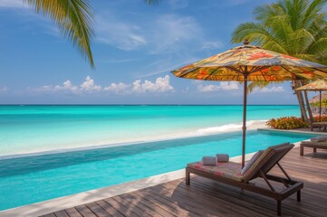 Obraz premium Stunning Tropical Seaside Setting Featuring Umbrella and Chairs Near an Outdoor Pool at Dawn or Dusk for Holiday Relaxation