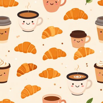 Cute croissant and coffee seamless breakfast pattern