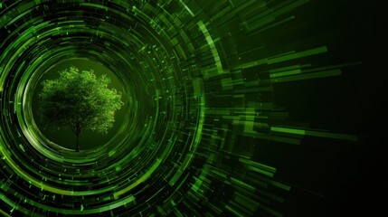 Obraz premium A digital representation of a tree at the center of a swirling green vortex, symbolizing nature and technology merging harmoniously.