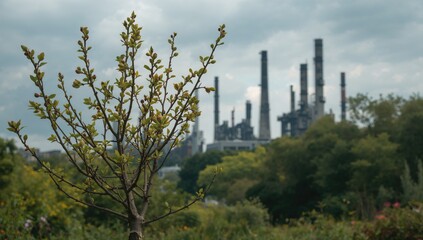 Obraz premium Young tree with new leaves in front, industrial smokestacks blurred behind