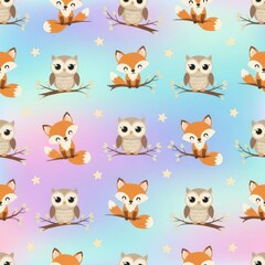 Fototapeta premium Cute fox and owl seamless pattern for kids