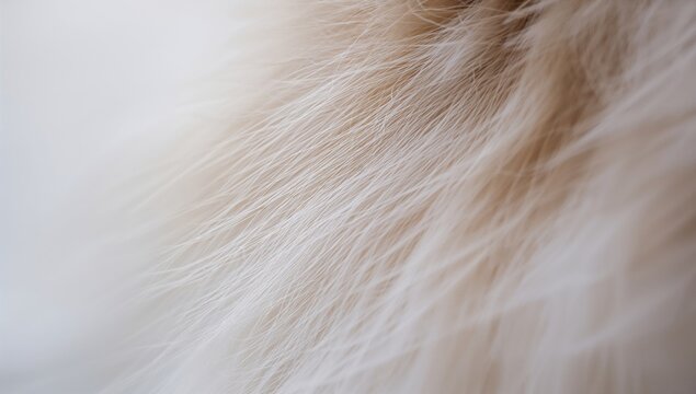 Macro shot of a fluffy cat's soft wool in white and light brown tones showing detailed fur texture