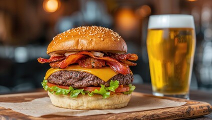Layered beef burger with cheese, bacon, and crisp veggies, served alongside a cold beer in a dining environment, highlighting a tasty food arrangement.