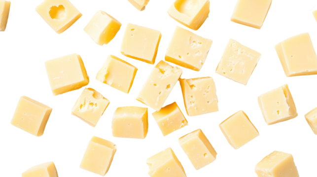 Many small yellow diamond shaped cheese pieces isolated on transparent background