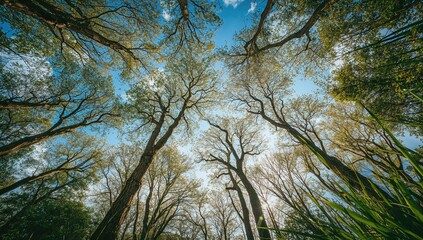 Fototapeta premium Elevated perspective of tree branches against a clear blue sky, showcasing summer textures and natural light