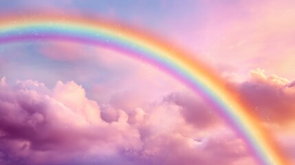 Naklejka premium A vibrant rainbow arcs over soft, fluffy clouds in a pastel sky, creating a dreamy and serene atmosphere.