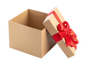 Open brown cardboard gift box with a red ribbon and bow, on a black background