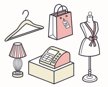 Illustration of shopping items including clothes, bag, lamp, and cash register