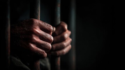 Rough weathered hands gripping rusty prison bars in dim light conveying confinement and despair