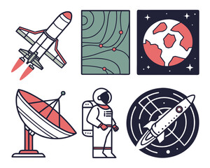 Space and technology illustration with rocket, satellite, and astronaut © Jani