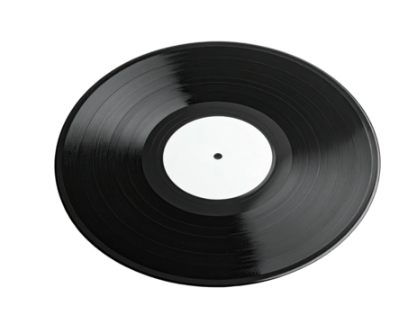 A close-up shot of a vinyl record, showcasing the black surface and blank label