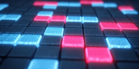 Glowing pixel grid with blue and red illuminated tiles on dark textured surface, futuristic abstract circuit pattern emitting soft light and depth