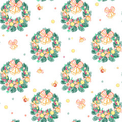 Hand-drawn Christmas wreath. Seamless pattern. Vector ornament with wreaths, bells, and Christmas tree decorations. Suitable for Christmas textile print, wrapping paper, backgrounds, social media, web