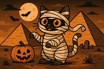 Mummy Cat Before Pyramids – Whimsical Halloween Scene with Bandaged Feline