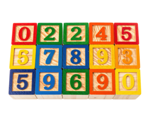 Wooden blocks arranged to display the digits zero through nine, on a black background