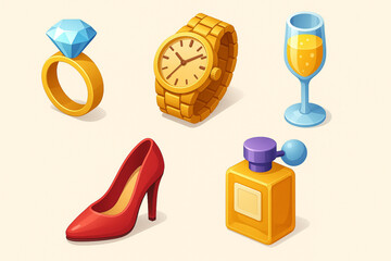Isometric Luxury Icons – Diamond Ring, Gold Watch & Champagne Vector Set