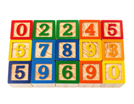 Wooden blocks arranged to display the digits zero through nine, on a black background
