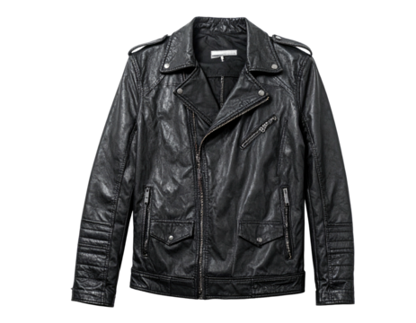 A black leather jacket with a textured appearance, zippers, and a classic collar